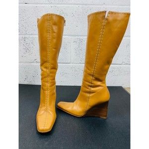 Diba Women Y2K 90s Wedge Boots Size 9.5 Tan Leather knee length Square Toe wedge
